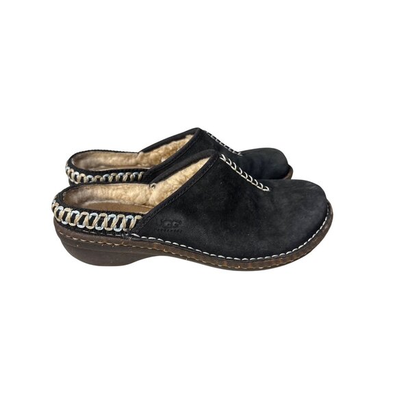 Ugg Black Suede Sheepskin Lined Clog Slippers Size 7 - Picture 3 of 7